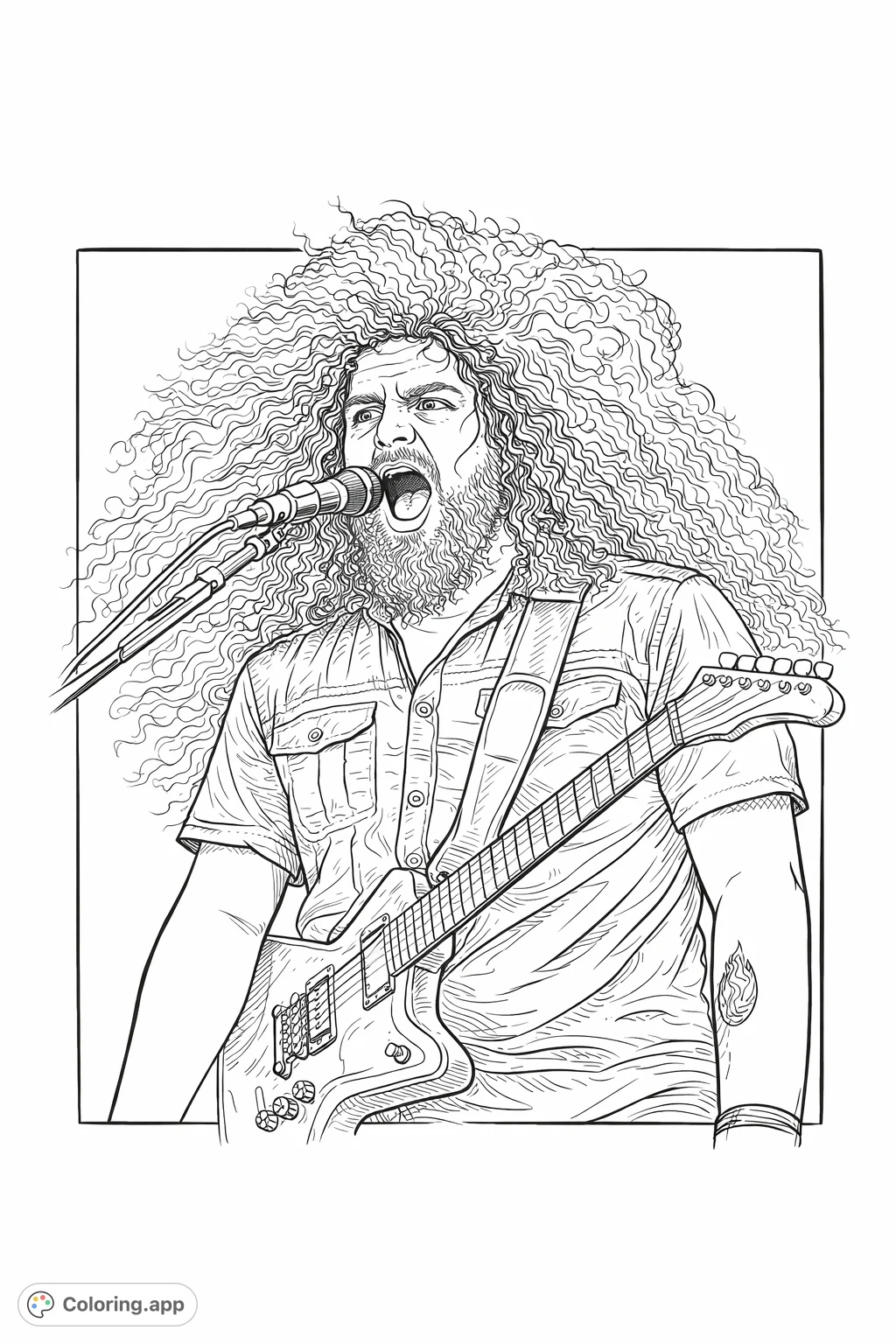 Dive into the energy of a live rock concert with this intricate musician coloring page. Features a guitarist with wild hair, perfect for detailed coloring.