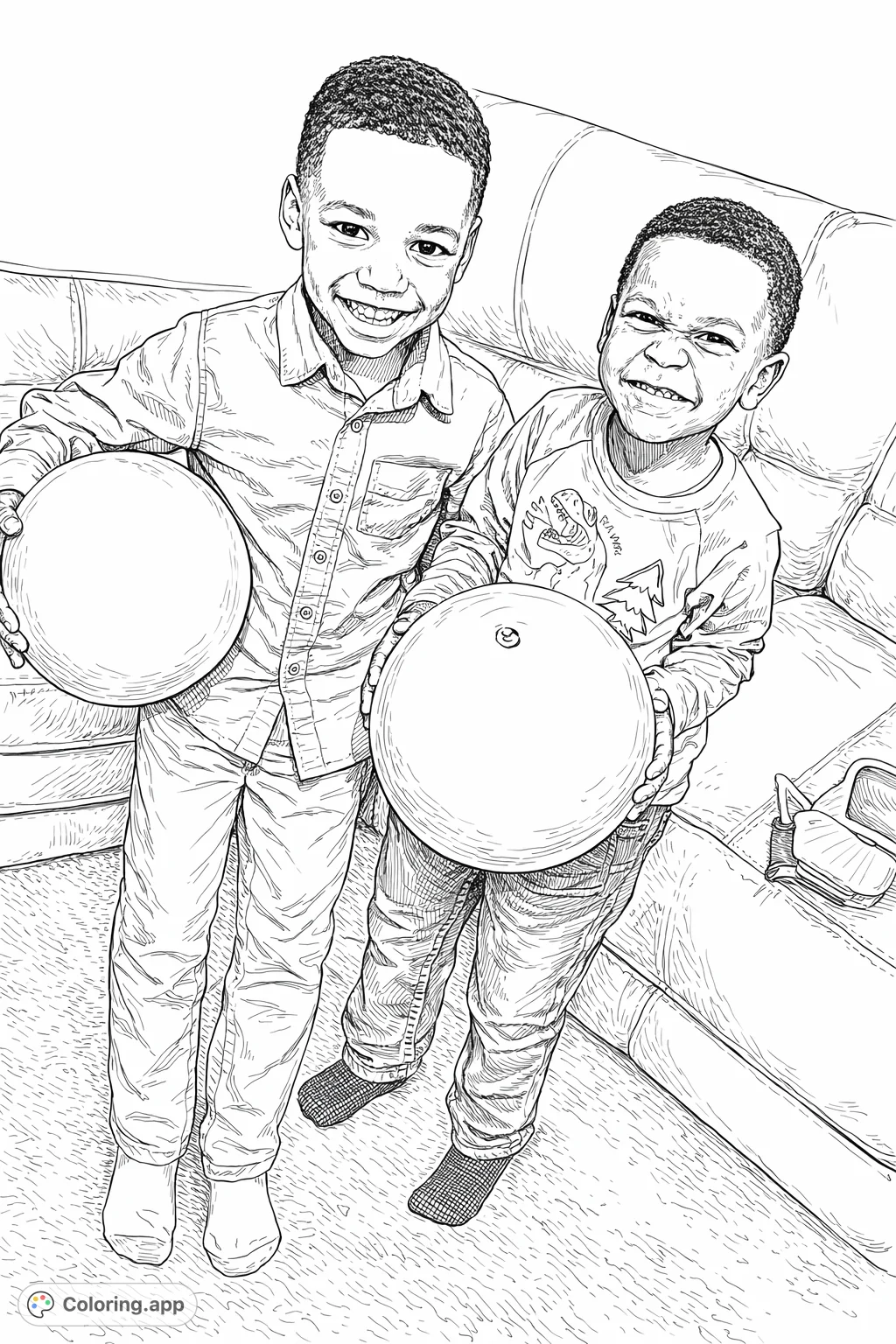 Two cheerful brothers hold festive balloons on a cozy couch, ready for a fun coloring adventure. Perfect for celebrating joy and family.