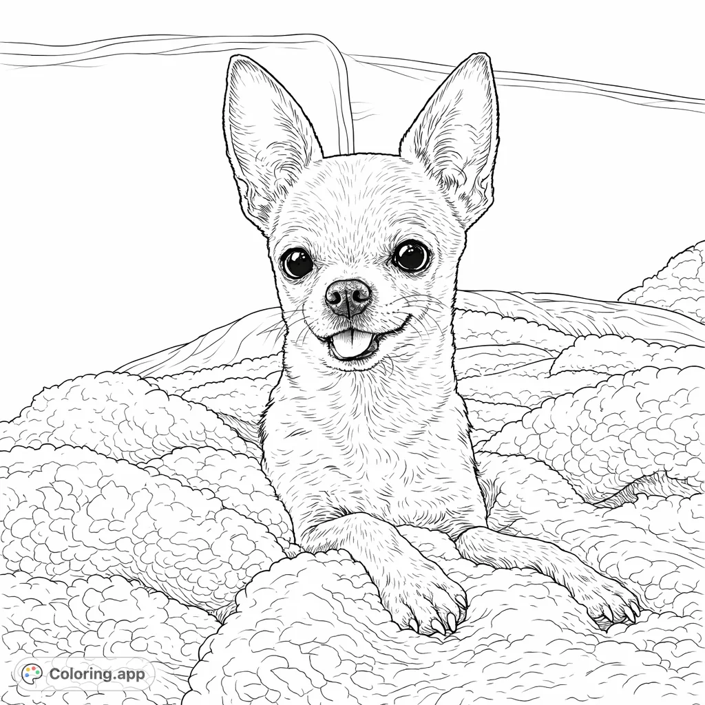 Color this endearing Chihuahua snuggled on a cozy, highly textured blanket, perfect for detailed coloring enthusiasts. Enjoy intricate fur and fabric patterns!
