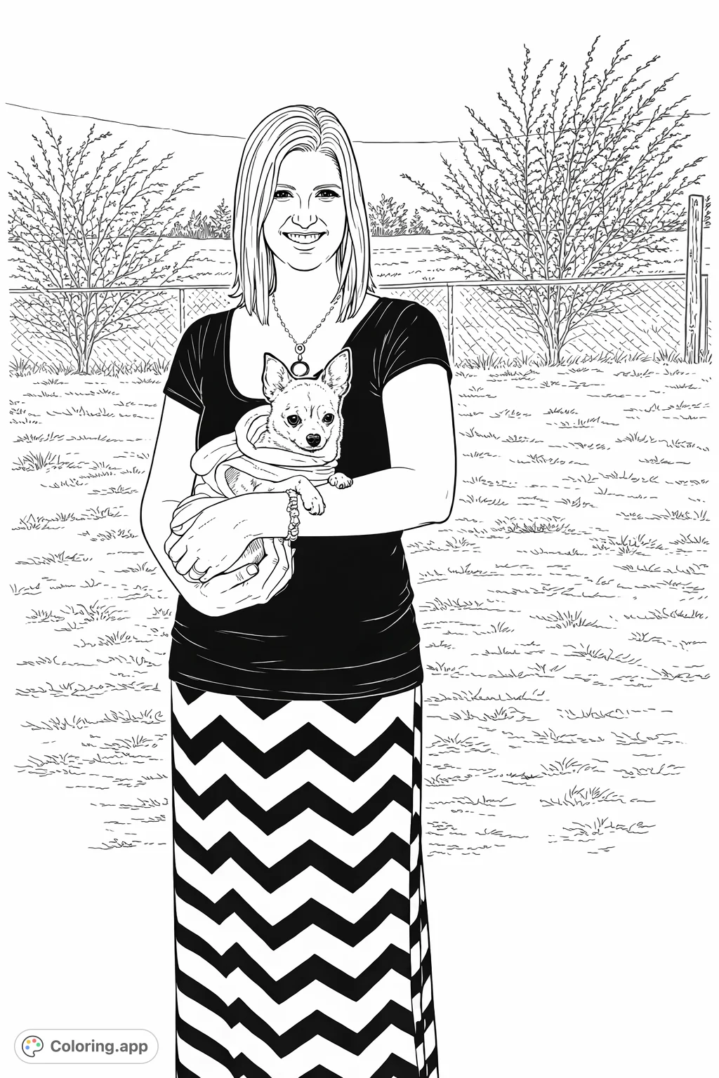 A heartwarming image of a woman cradling her adorable small dog, set against a natural outdoor backdrop. Features detailed textures and patterns.