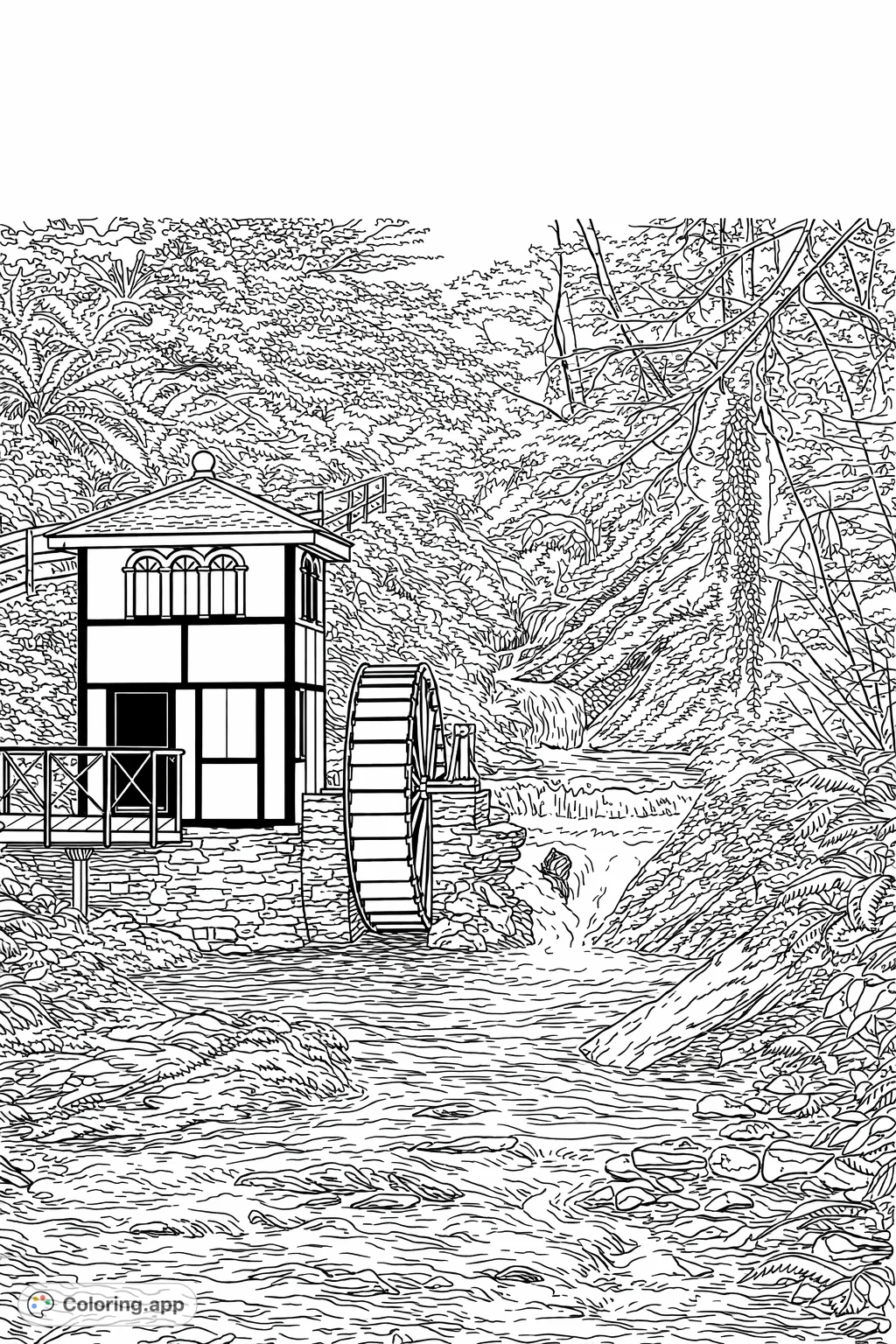 Color a charming mill house with a large water wheel nestled beside a flowing river and cascading waterfall, surrounded by abundant forest foliage.