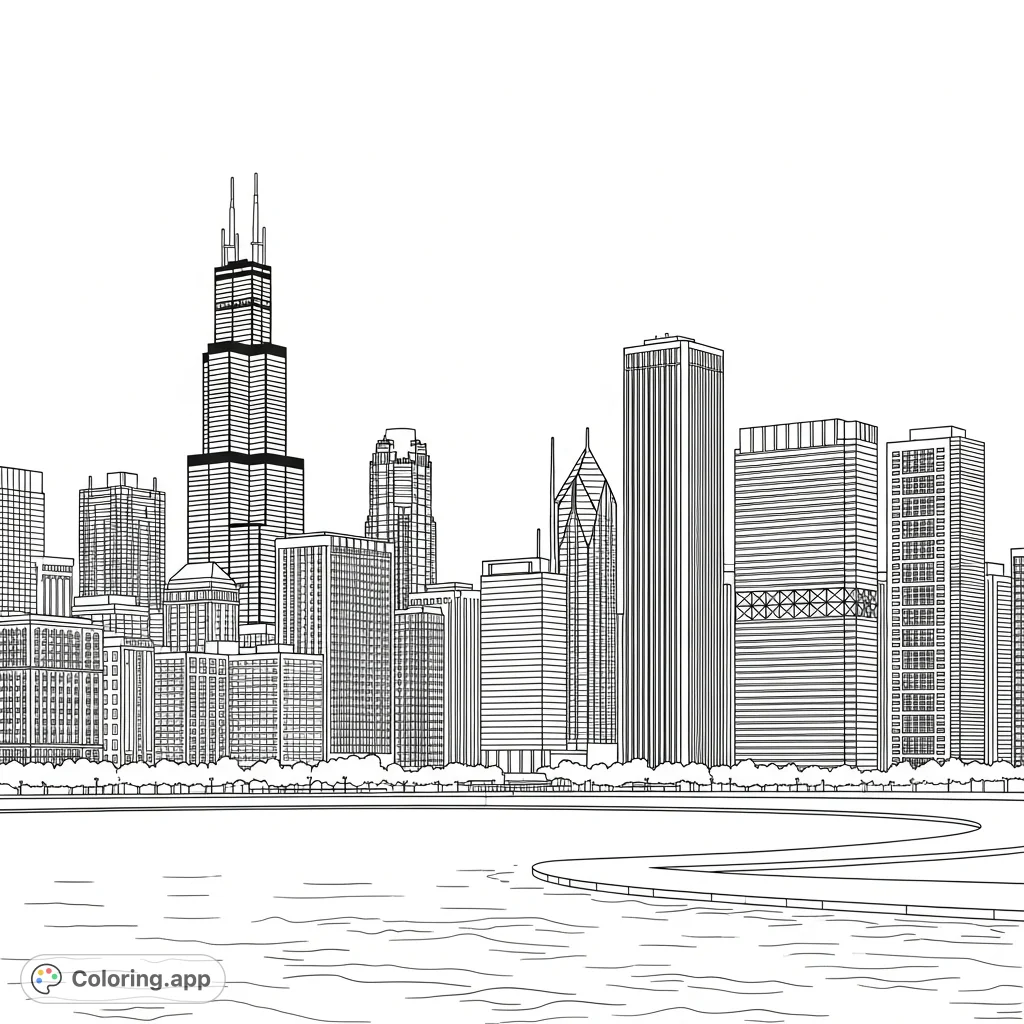 Capture the grandeur of the iconic Chicago skyline coloring page. Features Willis Tower, John Hancock Center, and Lake Michigan's waterfront architecture.