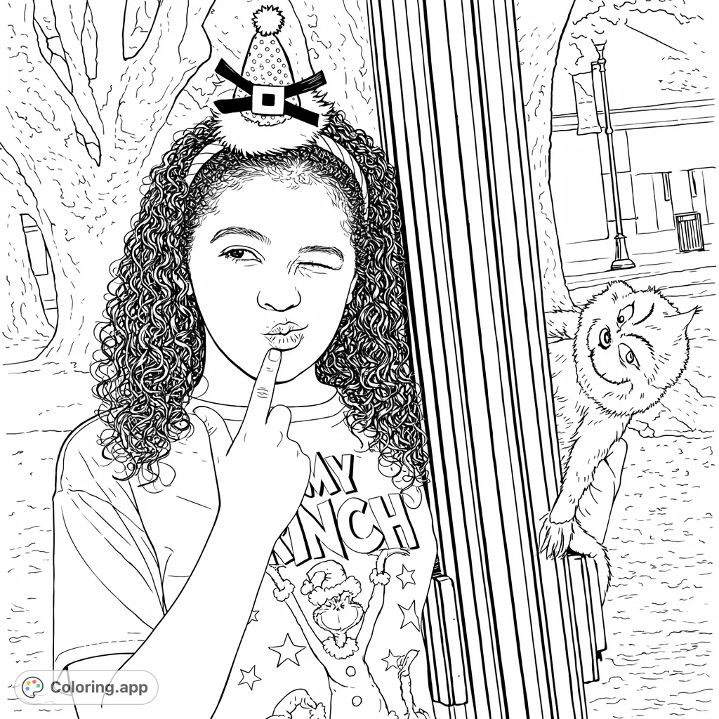 A playful character winks while wearing a mini Santa hat headband and holding a character plush toy, ready for a fun coloring adventure. Features festive flair and a charming expression.