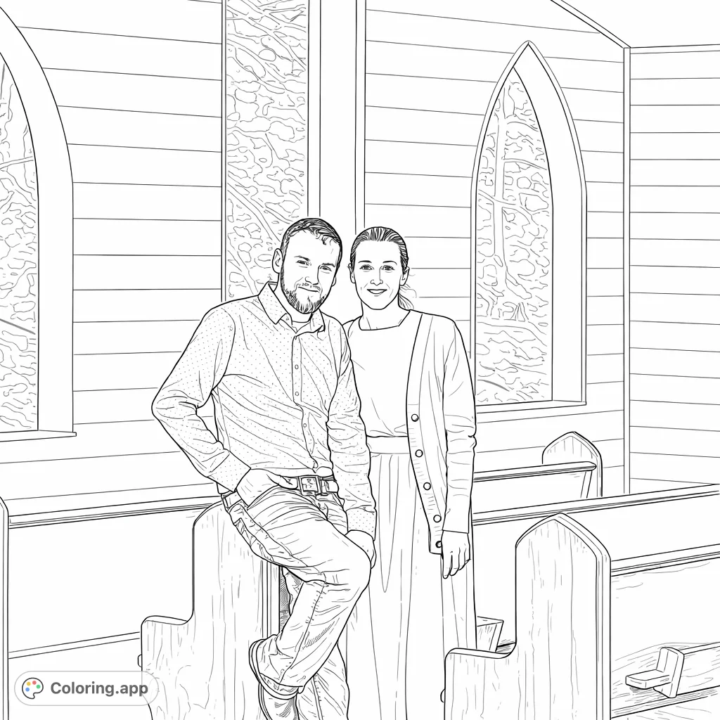 A heartwarming couple portrait amidst the serene backdrop of church pews and arched windows. Capture their gentle smiles with your chosen palette.