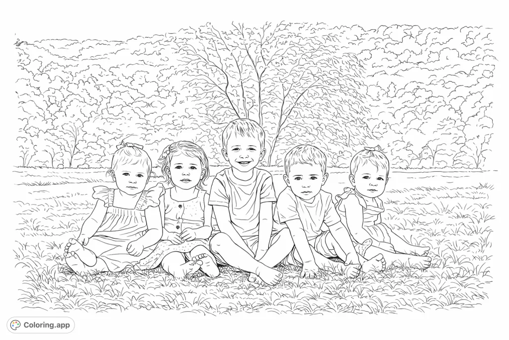 Color a heartwarming scene of five young children seated together outdoors. Capture their innocent expressions and the natural beauty of the grassy, hilly background.