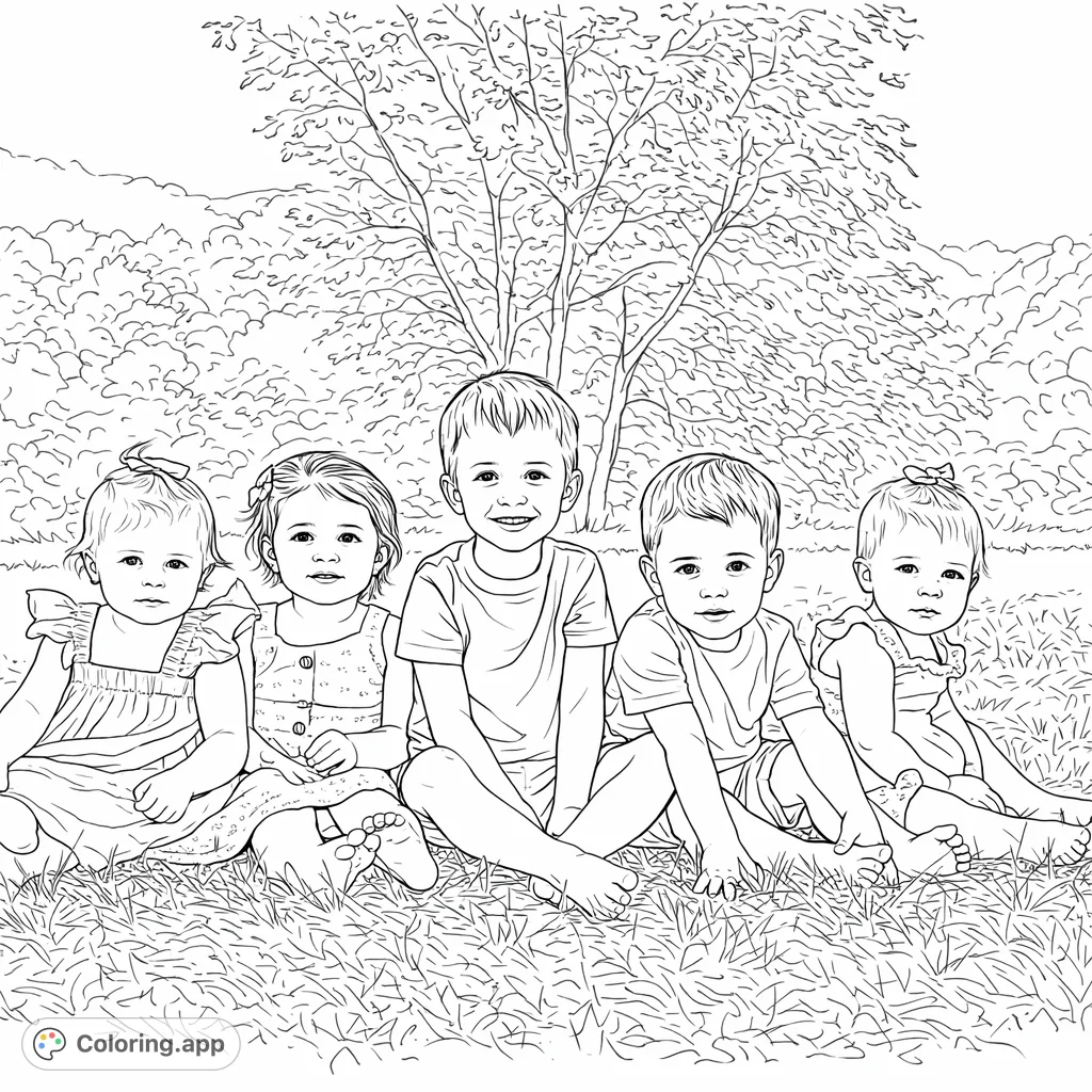 A delightful coloring page featuring five cheerful children seated together on grassy terrain, set against a scenic backdrop of hills and trees.
