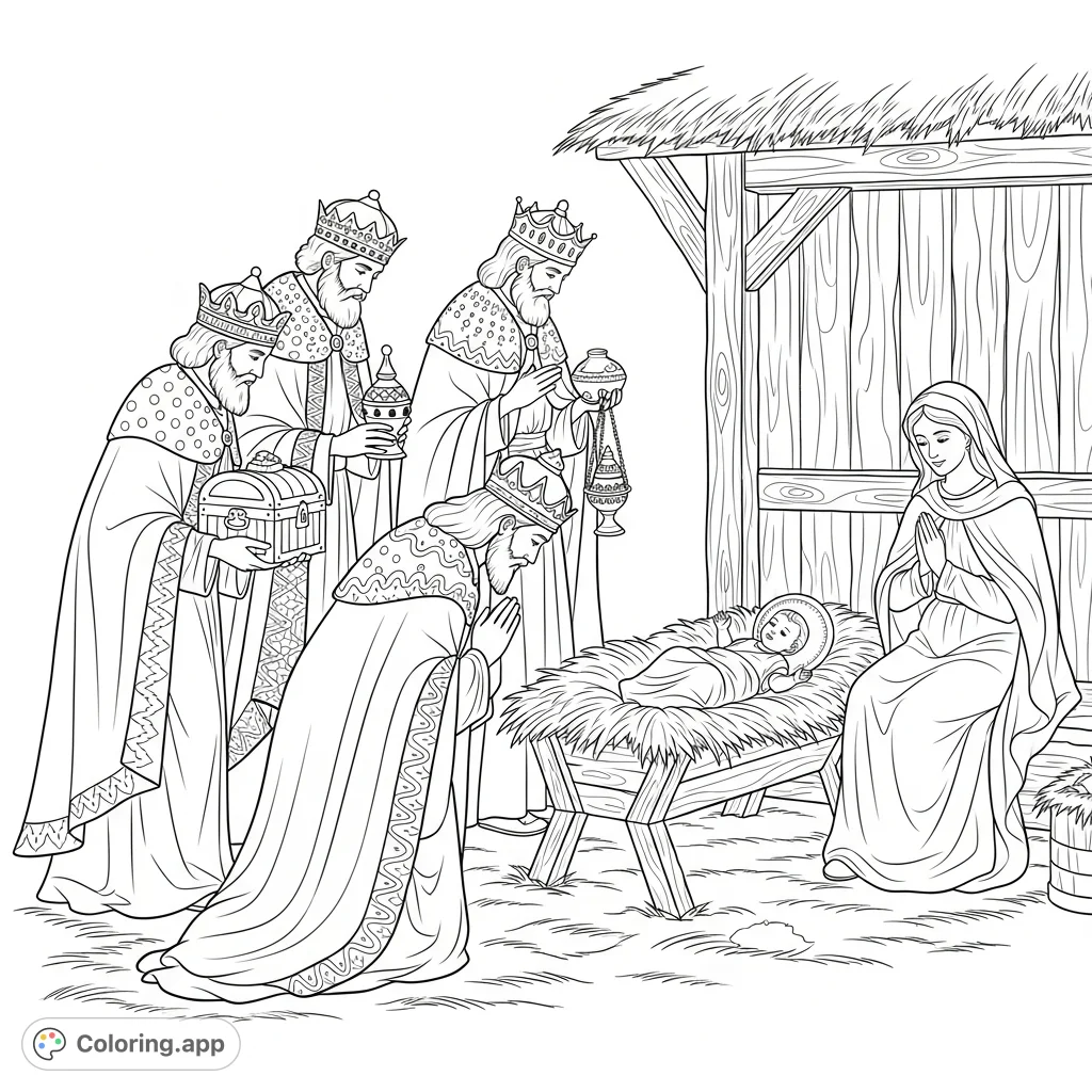 Witness the sacred moment of the Three Kings' adoration, presenting their precious gifts to Baby Jesus with Mary nearby. A timeless Nativity scene.