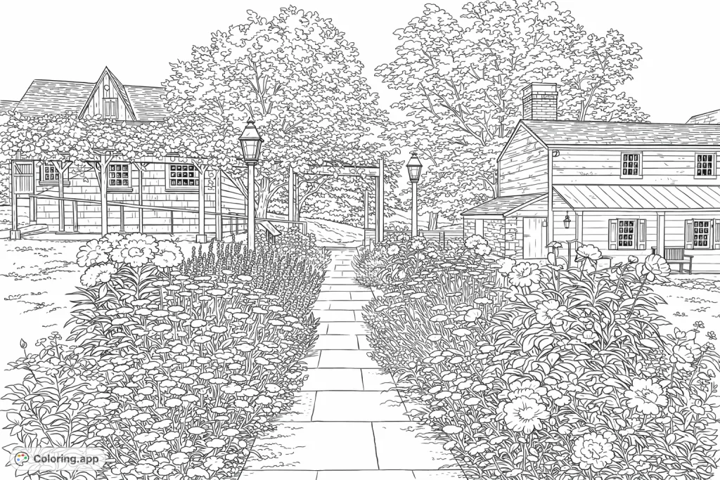 Explore a charming historic garden path flanked by abundant flowers and rustic buildings. A serene nature scene for mindful coloring and relaxation.