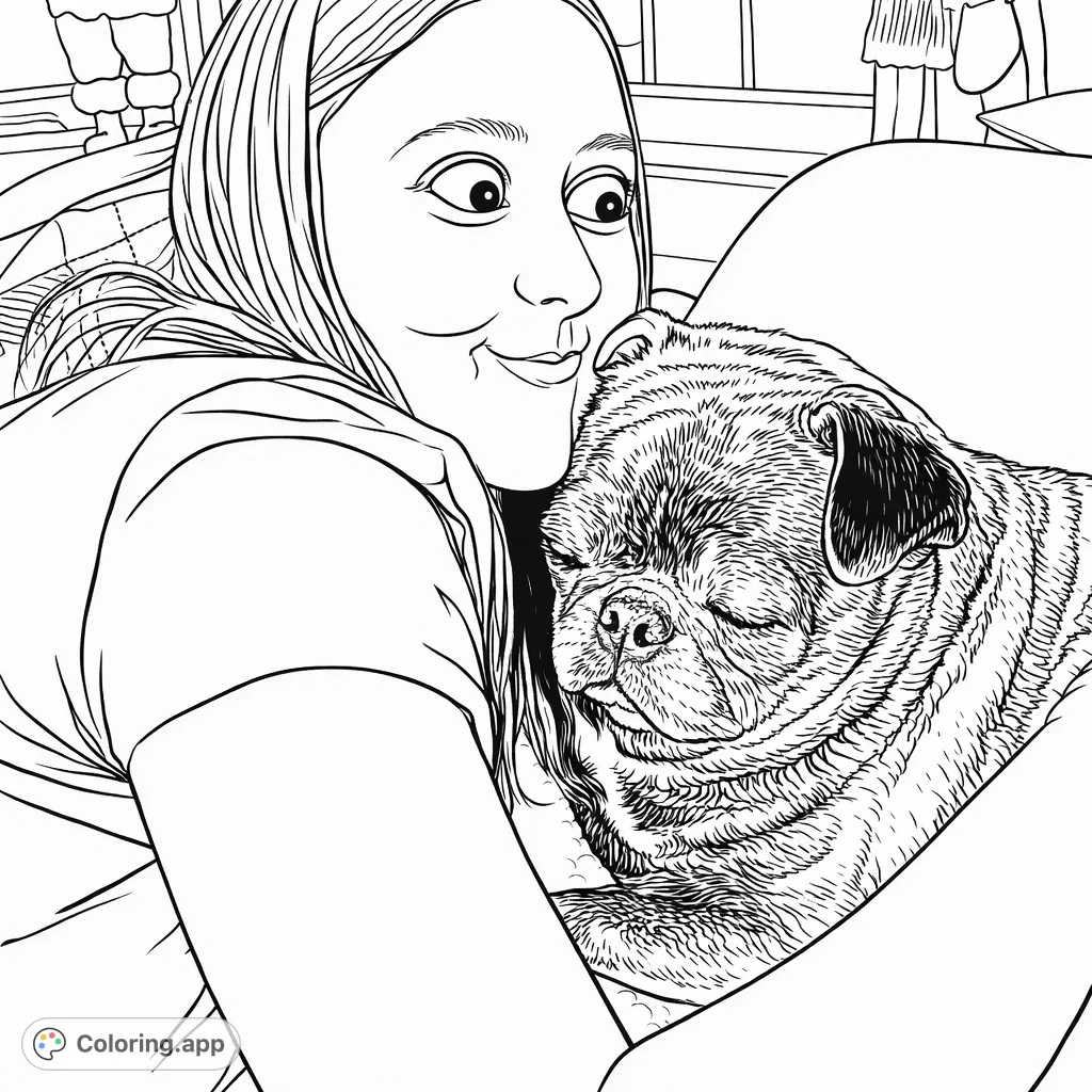 Capture the heartwarming and humorous bond between a person and their pug in this delightful coloring page, featuring expressive faces and a snuggly embrace.
