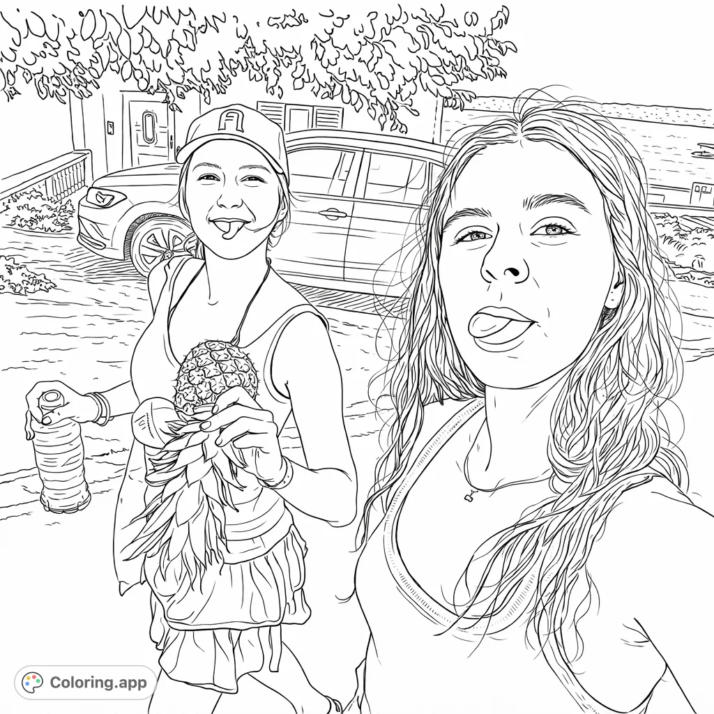 Capture a moment of friendship on a sunny coastal walk with this unique coloring page featuring two companions and a tropical pineapple.