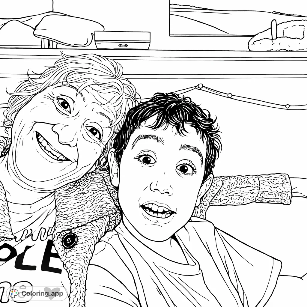 Capture the warmth of family with this charming portrait coloring page featuring an expressive woman and an energetic boy. Perfect for all ages.