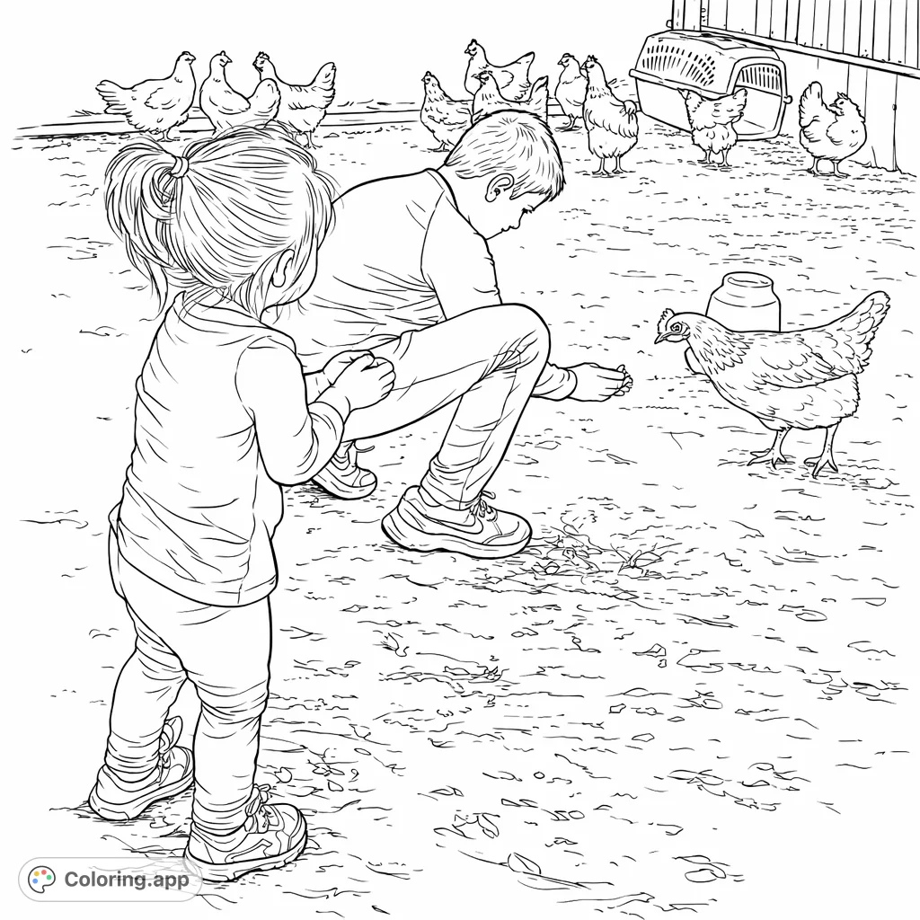 A heartwarming farmyard scene featuring two children interacting with chickens in their coop. Perfect for animal lovers and exploring rural life.