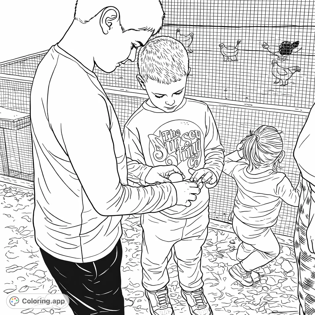 A charming farm life coloring page featuring children gathering eggs near a chicken coop. Perfect for inspiring creativity and learning about farm animals.