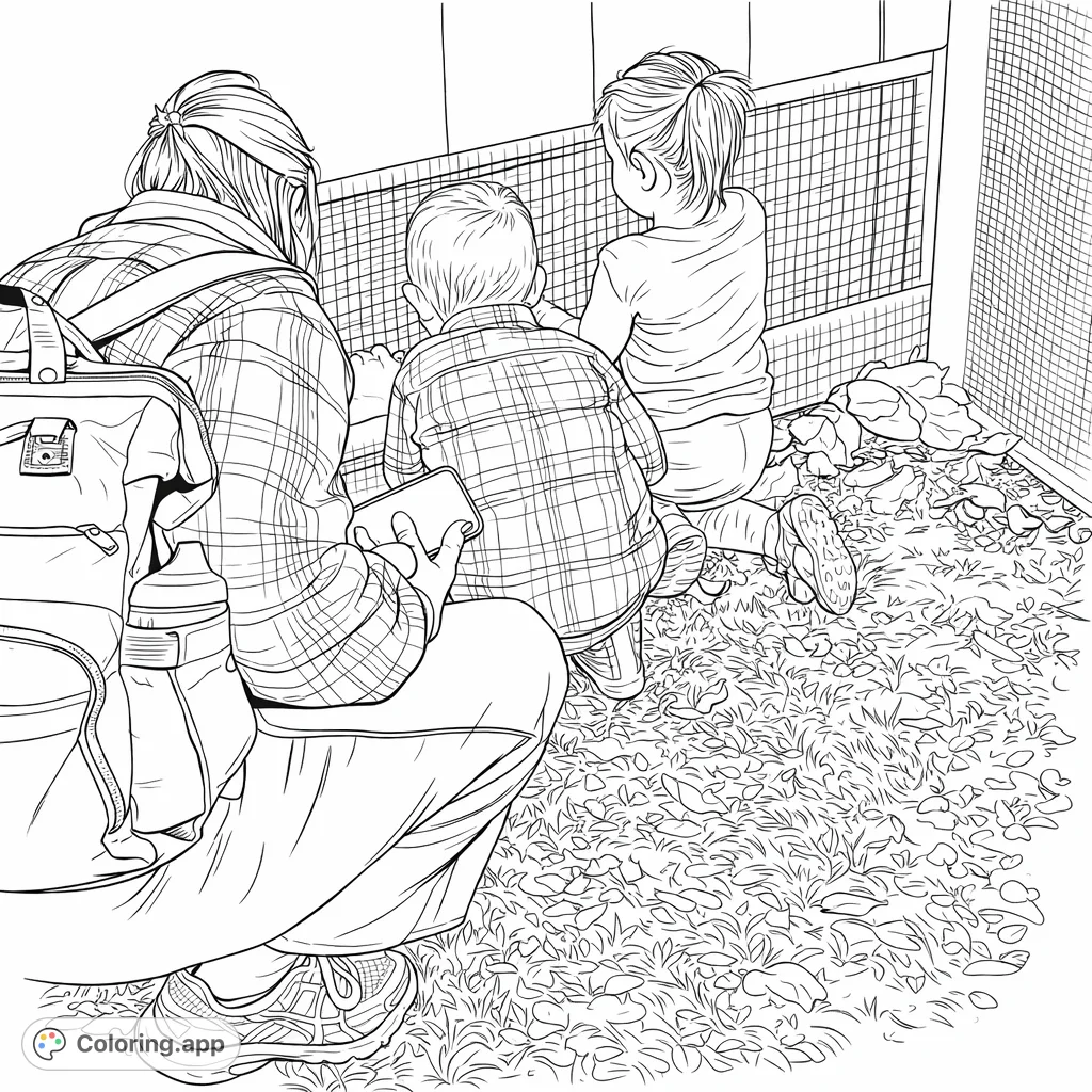 A charming family scene featuring an adult and two children observing farm animals in a wire enclosure, surrounded by grass and autumn leaves.