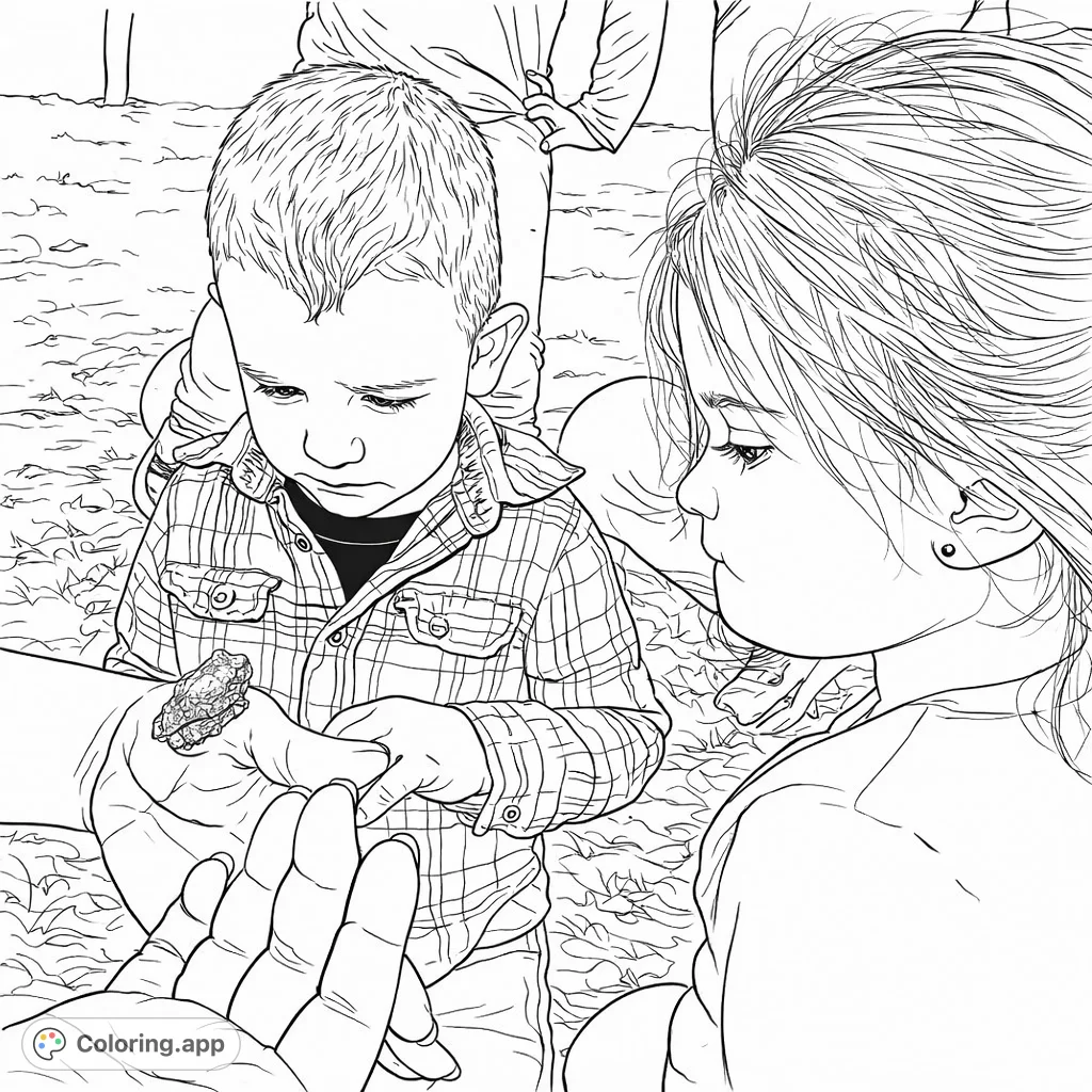 Two curious children closely examine a tiny frog held by an adult, sparking wonder and appreciation for nature's small creatures. Perfect for young explorers.