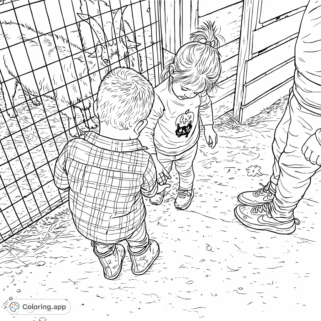 Two curious children interact with friendly goats behind a fence in a lively barn setting. Perfect for farm animal coloring page adventures!