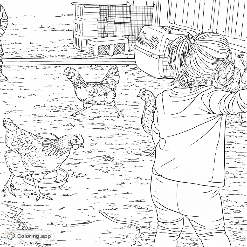 Join a curious child observing chickens in a bustling coop. This farm life coloring page features playful fowl, rustic details, and engaging textures.
