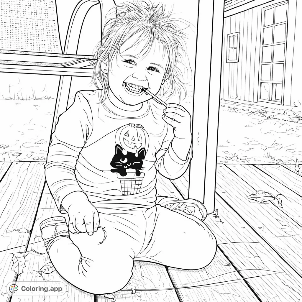 A delightful coloring page featuring a happy child sitting on a wooden deck, ready for creative expression. Perfect for young artists to enjoy!