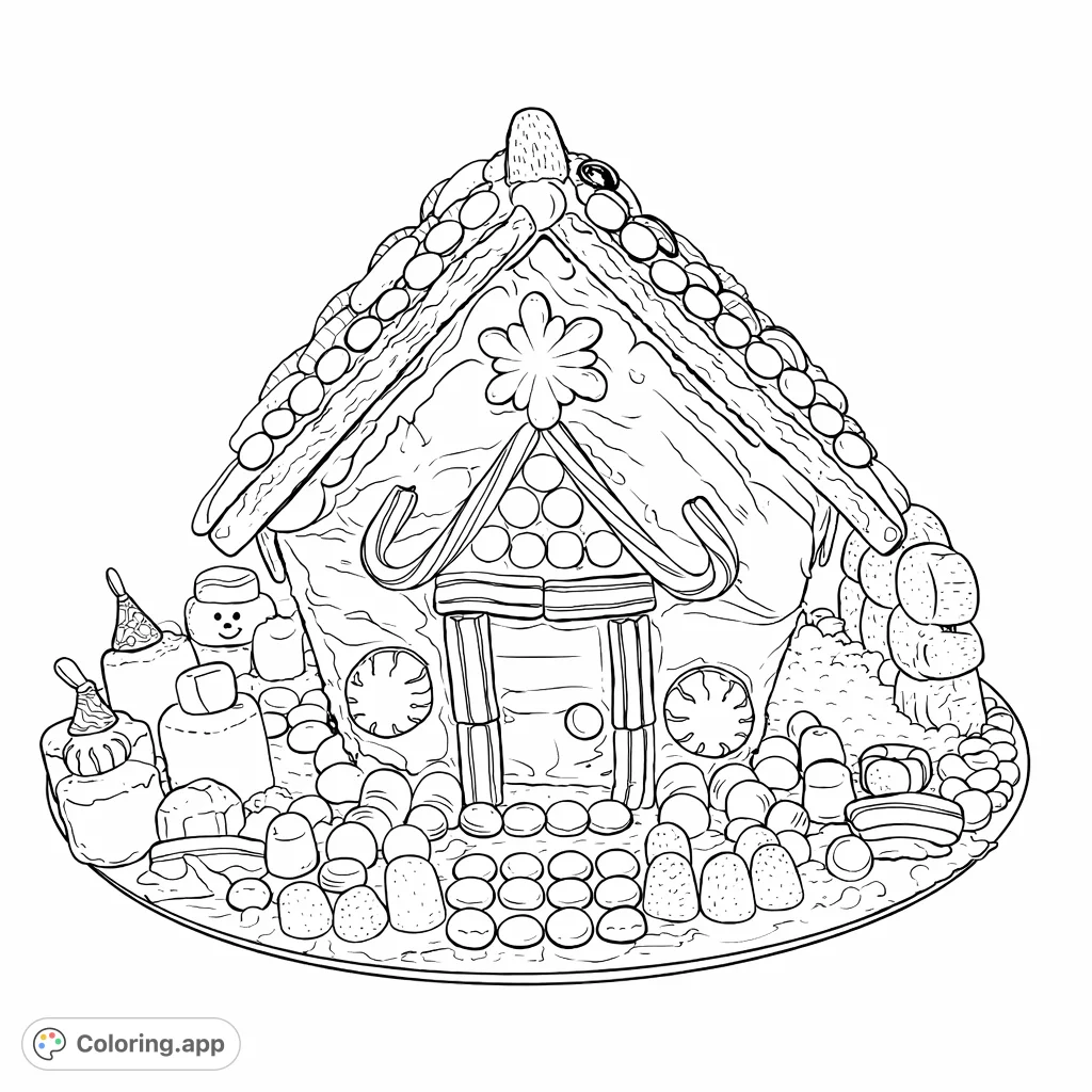 A delightful gingerbread house adorned with an abundance of candies and frosting, creating a whimsical scene perfect for holiday coloring fun.