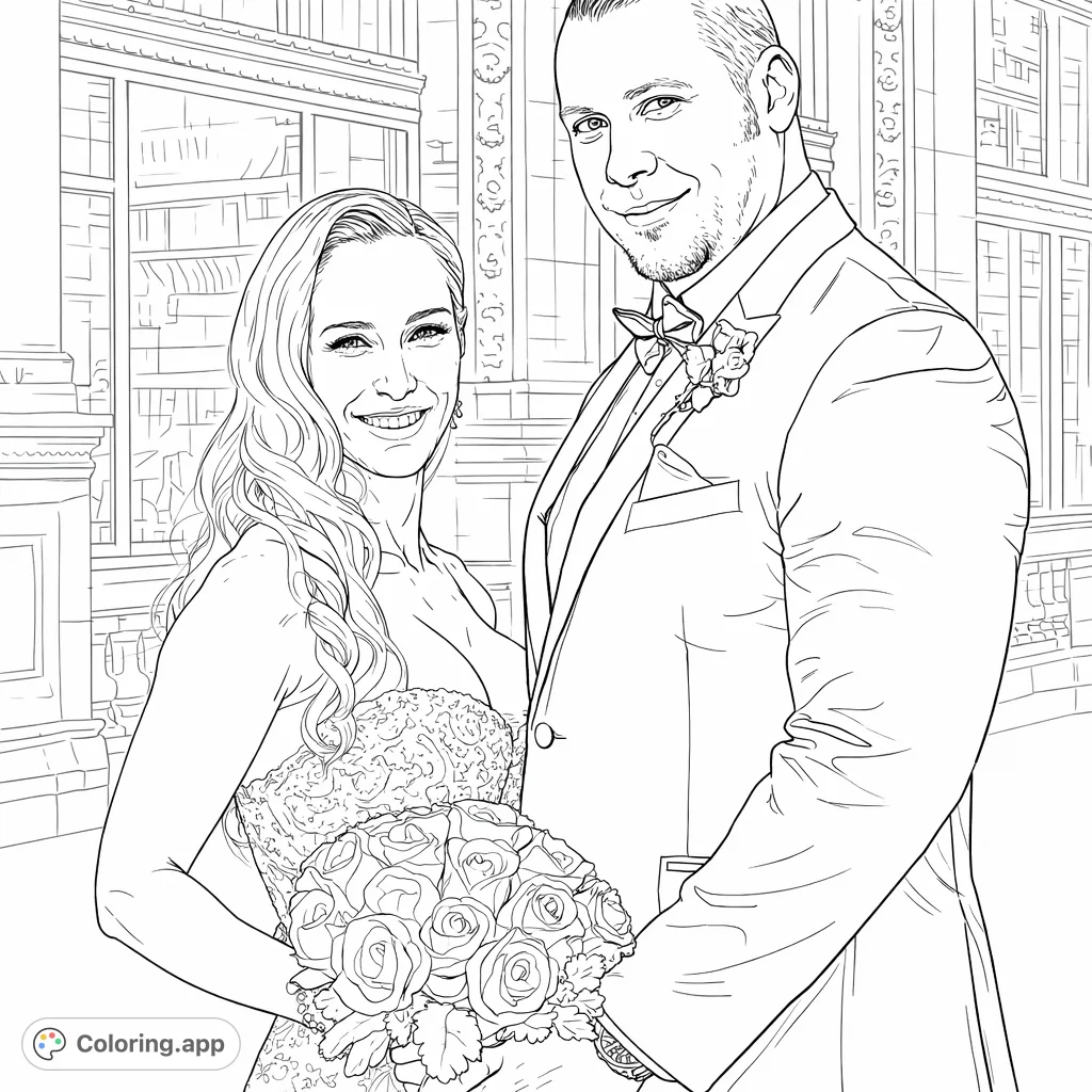 A sophisticated wedding coloring page featuring a smiling bridal couple with an intricate floral bouquet, set against a detailed architectural background.