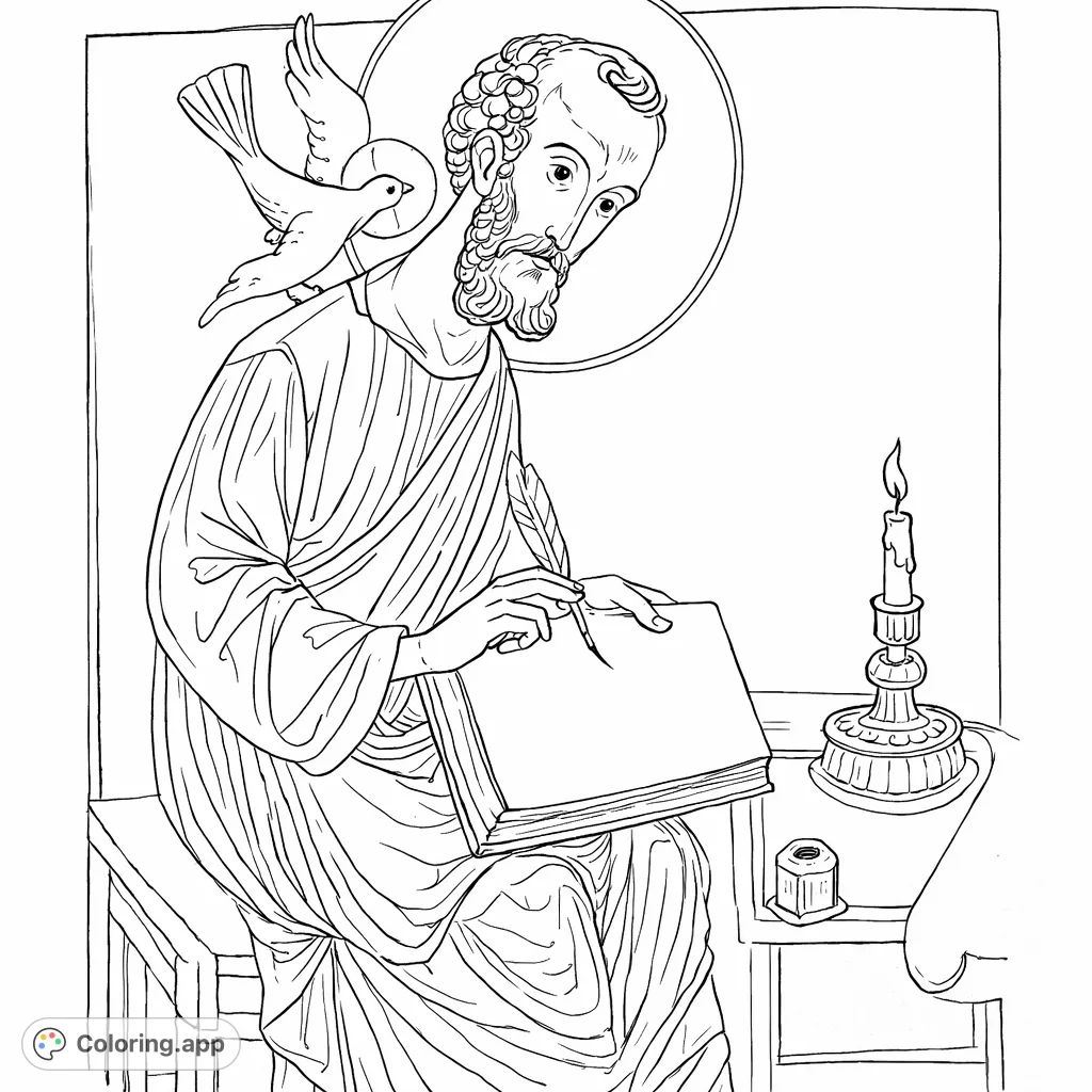 A contemplative saint with a quill and book, accompanied by a dove. An intricate scene inviting peaceful coloring and reflection.