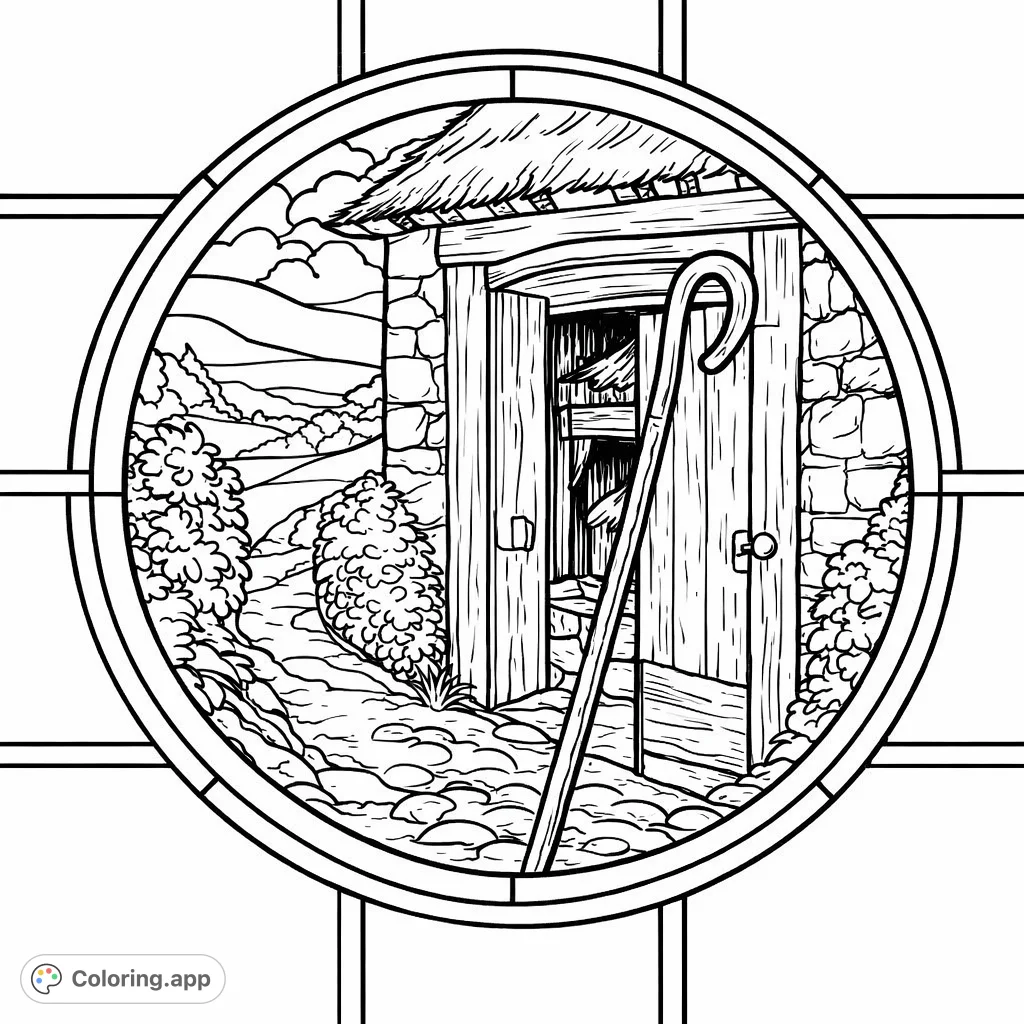 A serene coloring page depicting a rustic shepherd's hut with a sheep peeking from the doorway, a shepherd's crook, and a peaceful landscape.