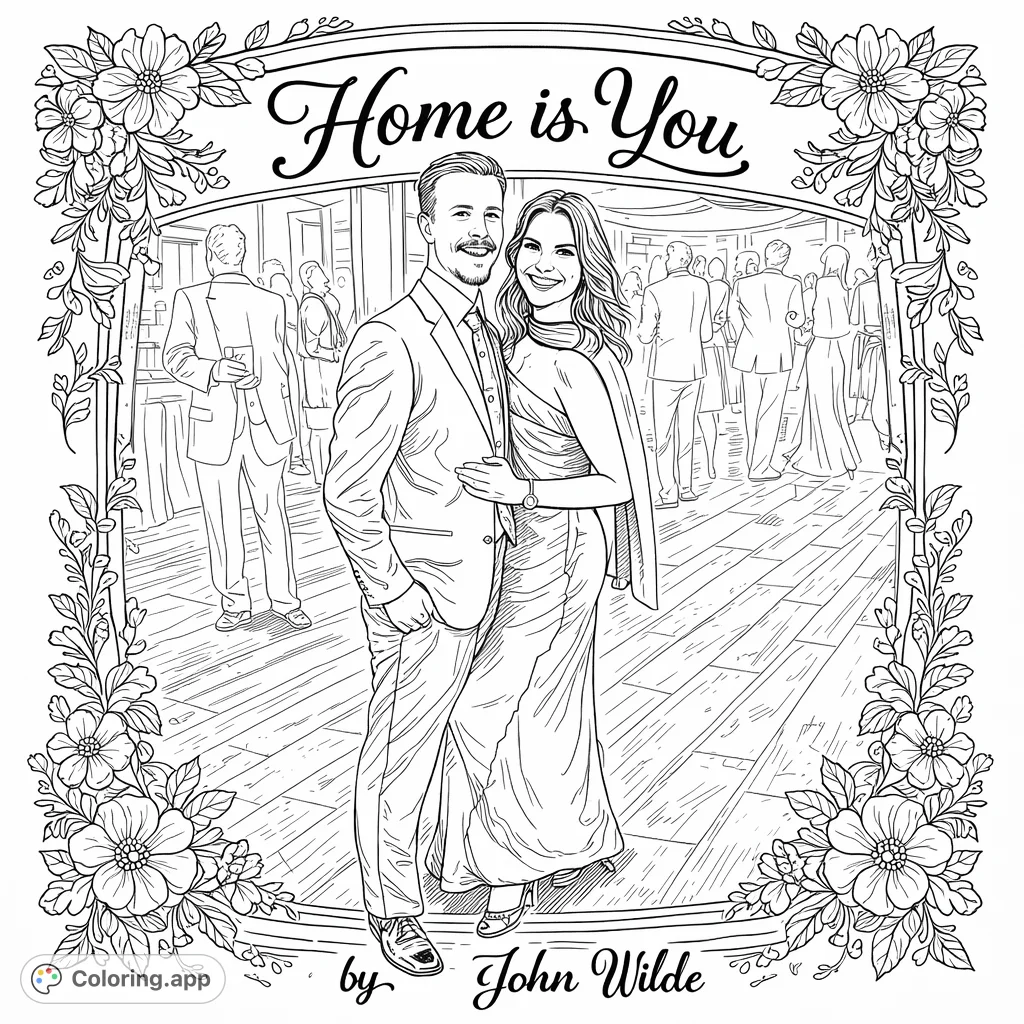 An elegant couple at a formal event, framed by vintage-inspired floral borders. A romantic "Home is You" themed printable coloring page for all ages.