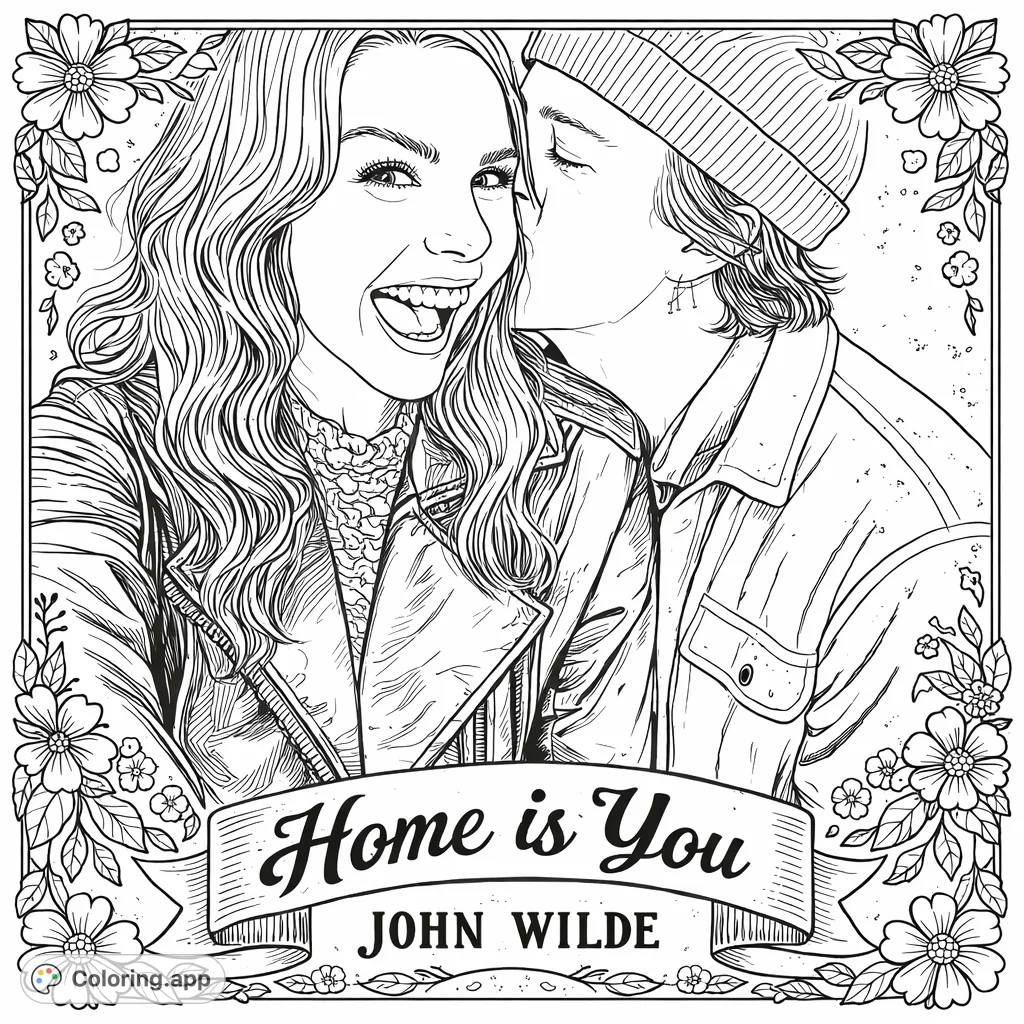 A heartwarming vintage-style couple's embrace, themed to "Home Is You" by John Wilde. Features decorative flowers and leaves, perfect for adult coloring.
