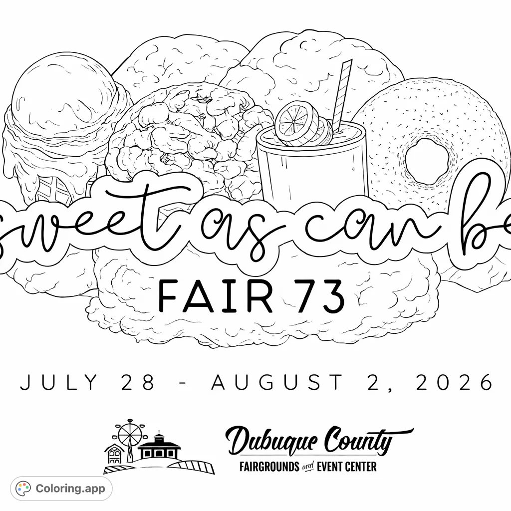 Indulge in a delightful Fair Sweets coloring page featuring ice cream, caramel apples, donuts, and more! A sweet and fun printable for all ages.