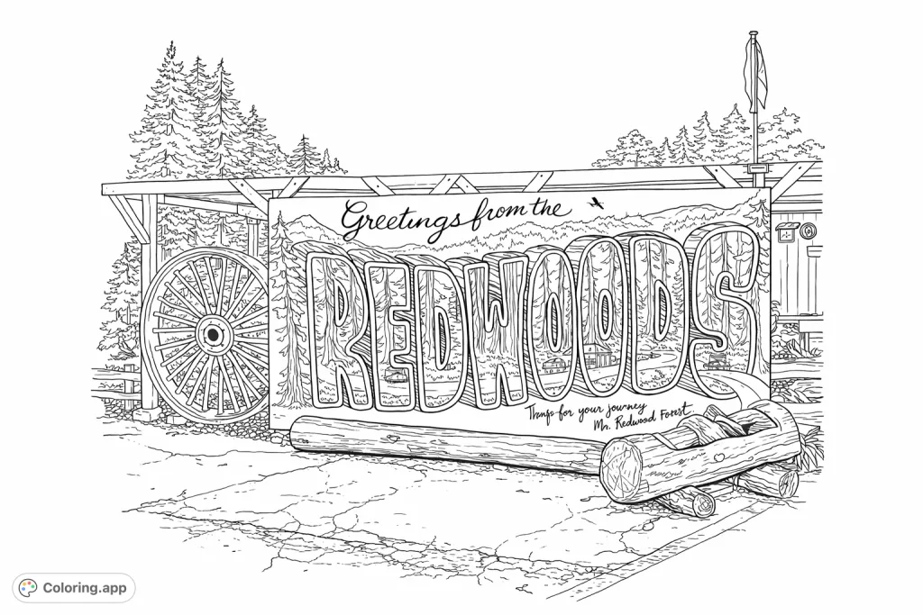 Discover a detailed redwood forest scene with a giant postcard display, featuring dimensional letters filled with landscapes, a wagon wheel, and forest elements. Perfect for nature lovers.