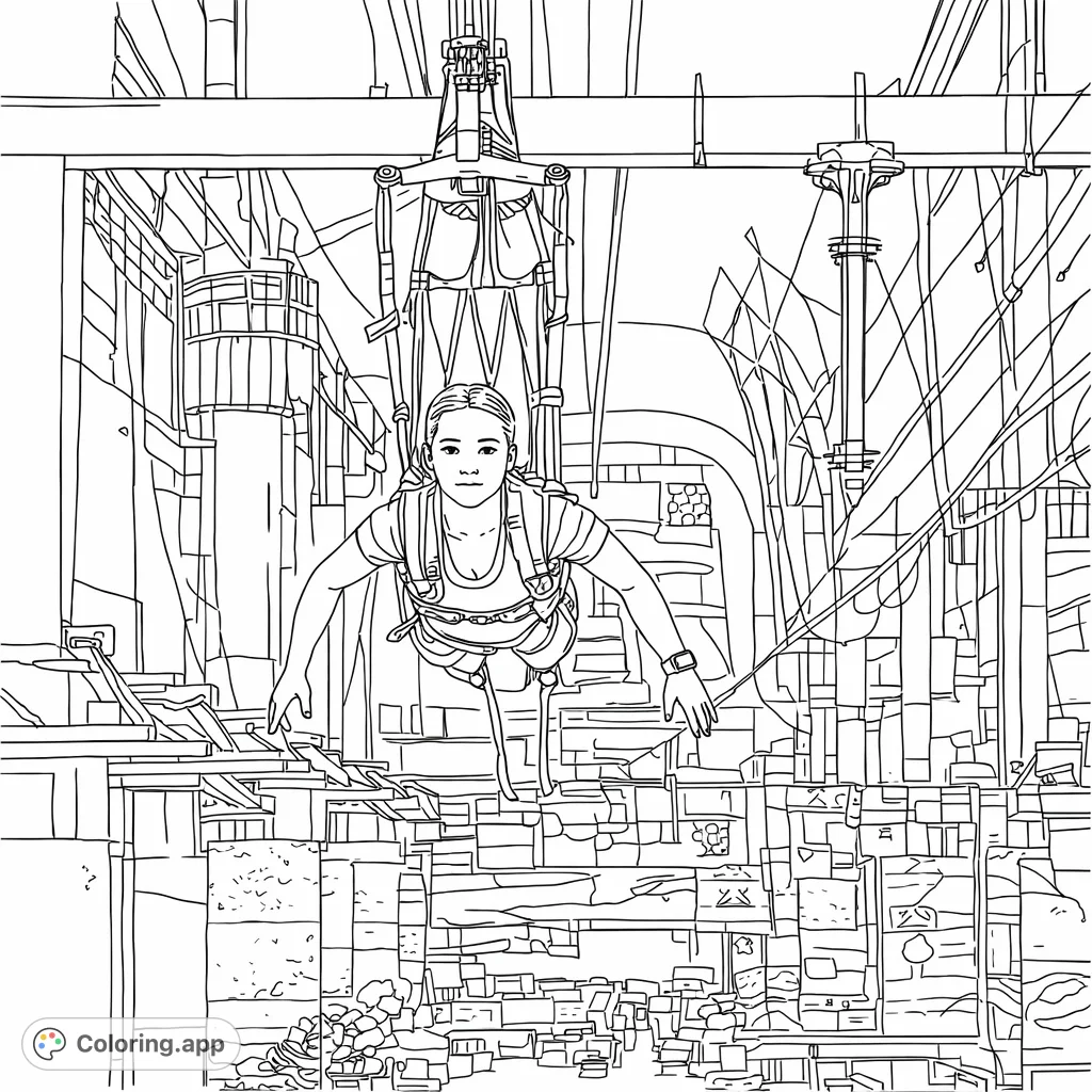 Experience the thrill of an aerial adventure! A young person soars through a vibrant indoor setting, suspended by a detailed harness system.