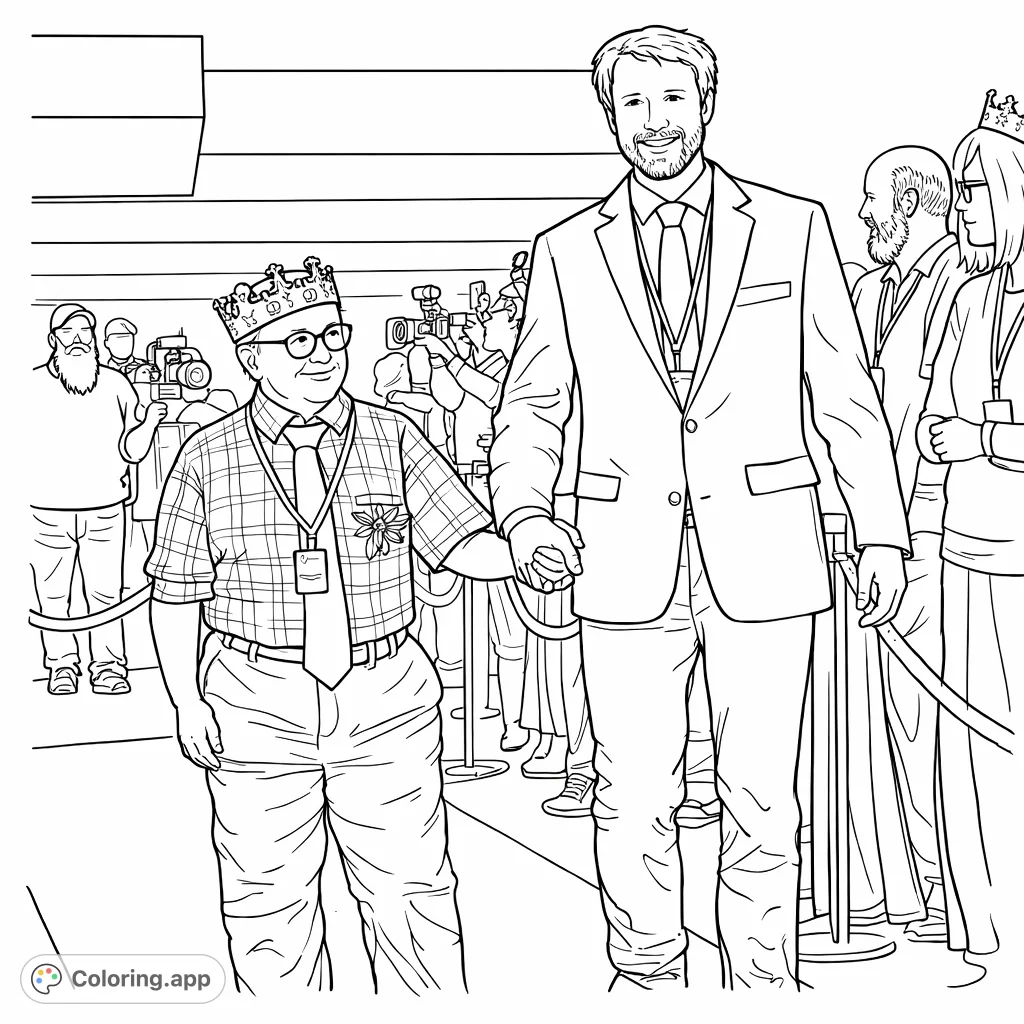 Celebrate joy with this special event coloring page featuring two individuals, one crowned, walking hand-in-hand on a carpet, surrounded by well-wishers.
