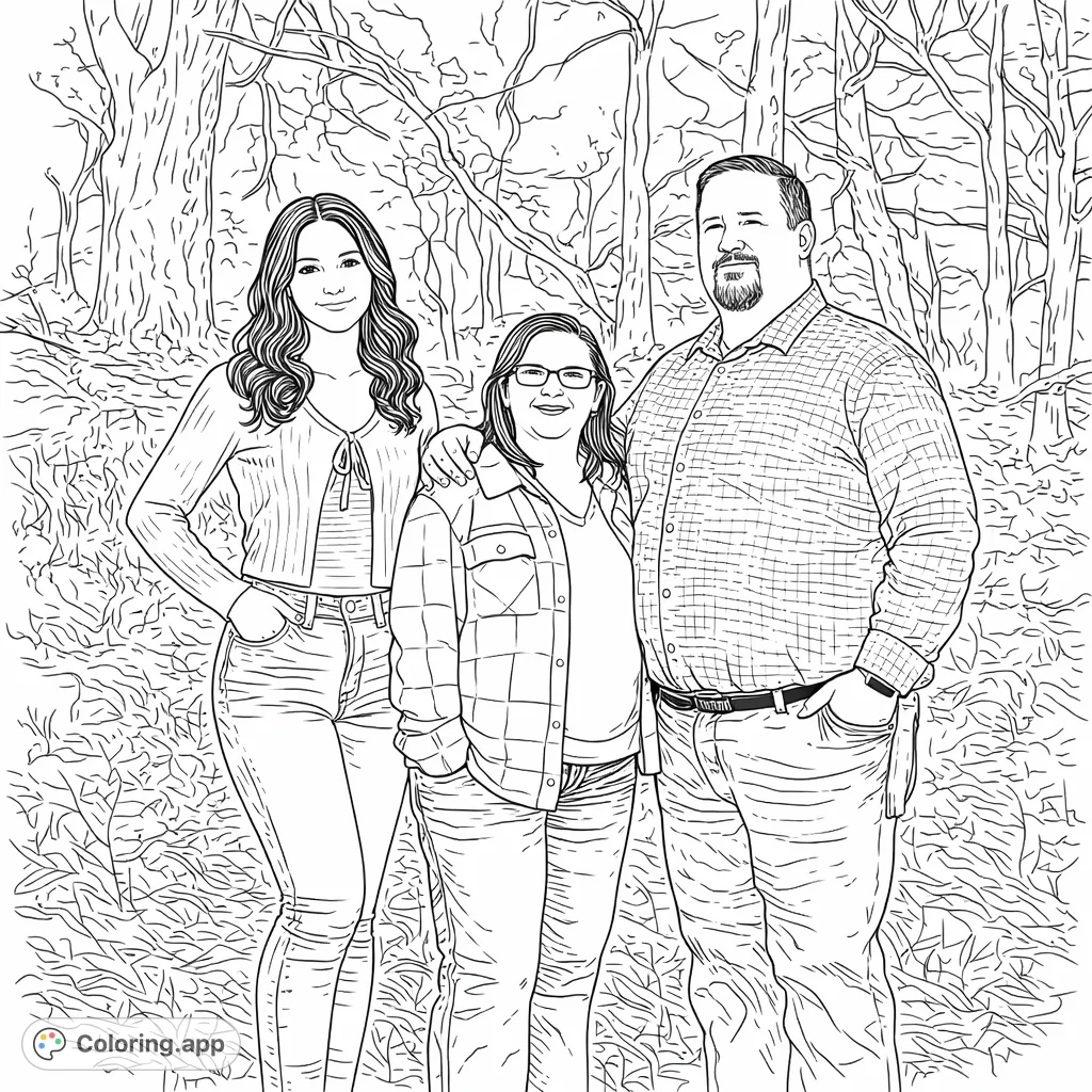 Capture a heartwarming family portrait in a woodland setting. Color three smiling individuals surrounded by intricate trees and grassy details.
