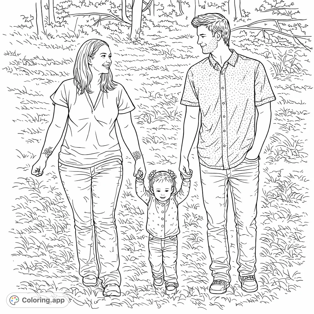A heartwarming family outing featuring a couple helping their toddler take first steps. This free printable family coloring page celebrates love and connection.