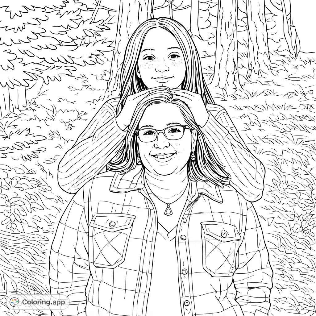 A heartwarming family portrait featuring two smiling women, a patterned jacket, and a natural outdoor setting, perfect for expressing creativity.