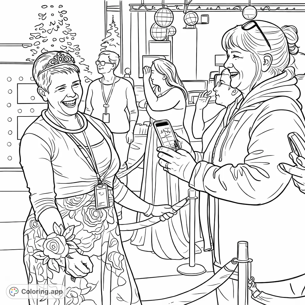 Capture the festive spirit of a grand celebration. Two women share a moment of laughter on a decorative pathway, surrounded by party guests and sparkling decor.