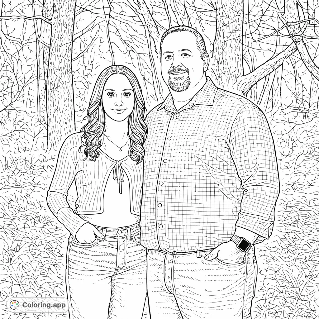Capture a heartwarming moment between a father and daughter in a serene woodland setting. This family bonding coloring page offers detailed features and a peaceful backdrop.