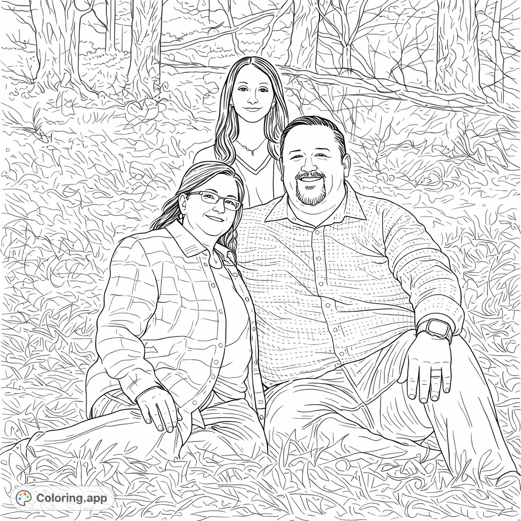 A heartwarming family portrait with three smiling individuals sitting together outdoors, surrounded by natural elements. Perfect for a cozy coloring session.