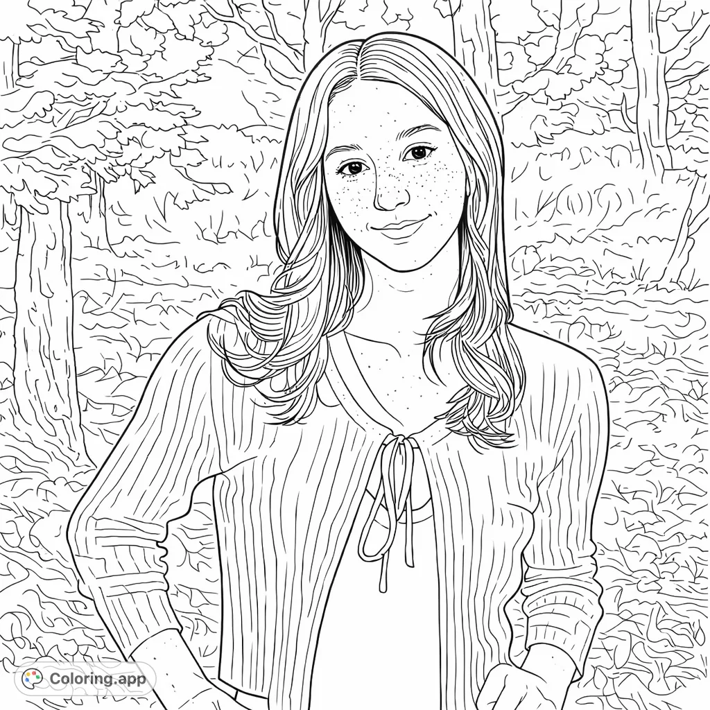 A captivating portrait of a young individual with long flowing hair and a gentle smile, set against a soft natural backdrop. Perfect for mindful coloring.
