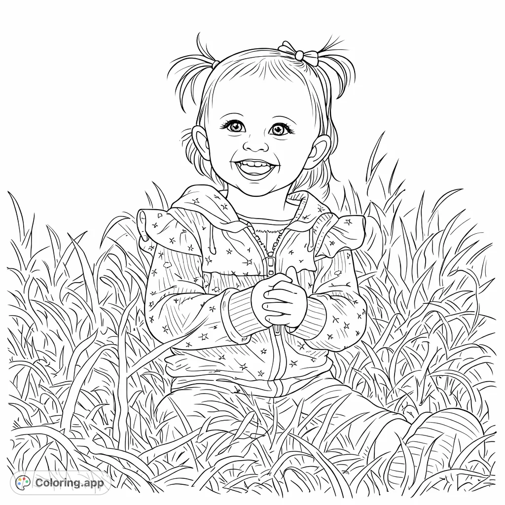 Capture the pure joy of a smiling child sitting in a field of tall grass. This sweet portrait offers an adorable scene for delightful coloring.
