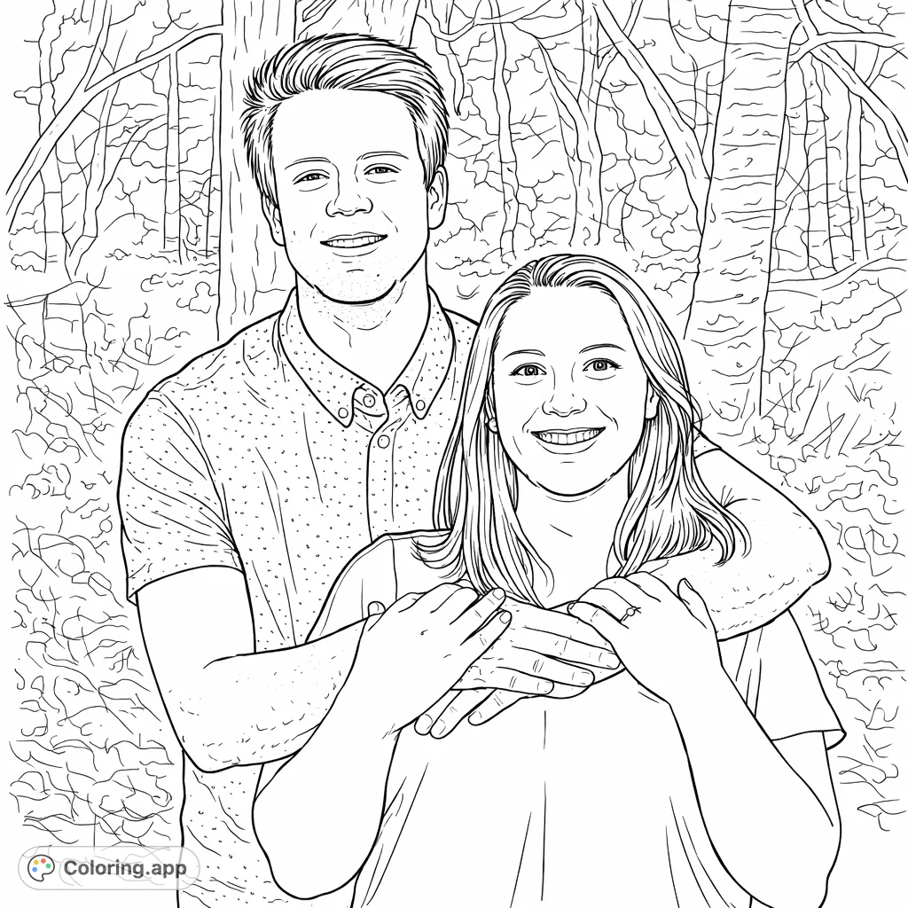 A joyful couple embraces in a natural setting, their smiles radiating warmth. Perfect for celebrating connections and adding your personal touch.