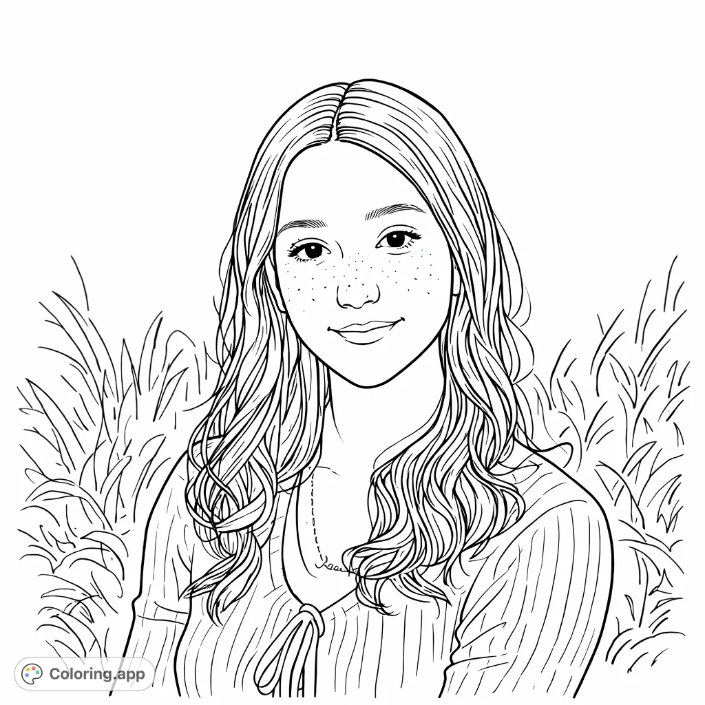 Capture the serene expression of a youthful portrait, featuring wavy hair, freckles, and a textured cardigan against a natural field backdrop. Perfect for mindful coloring.