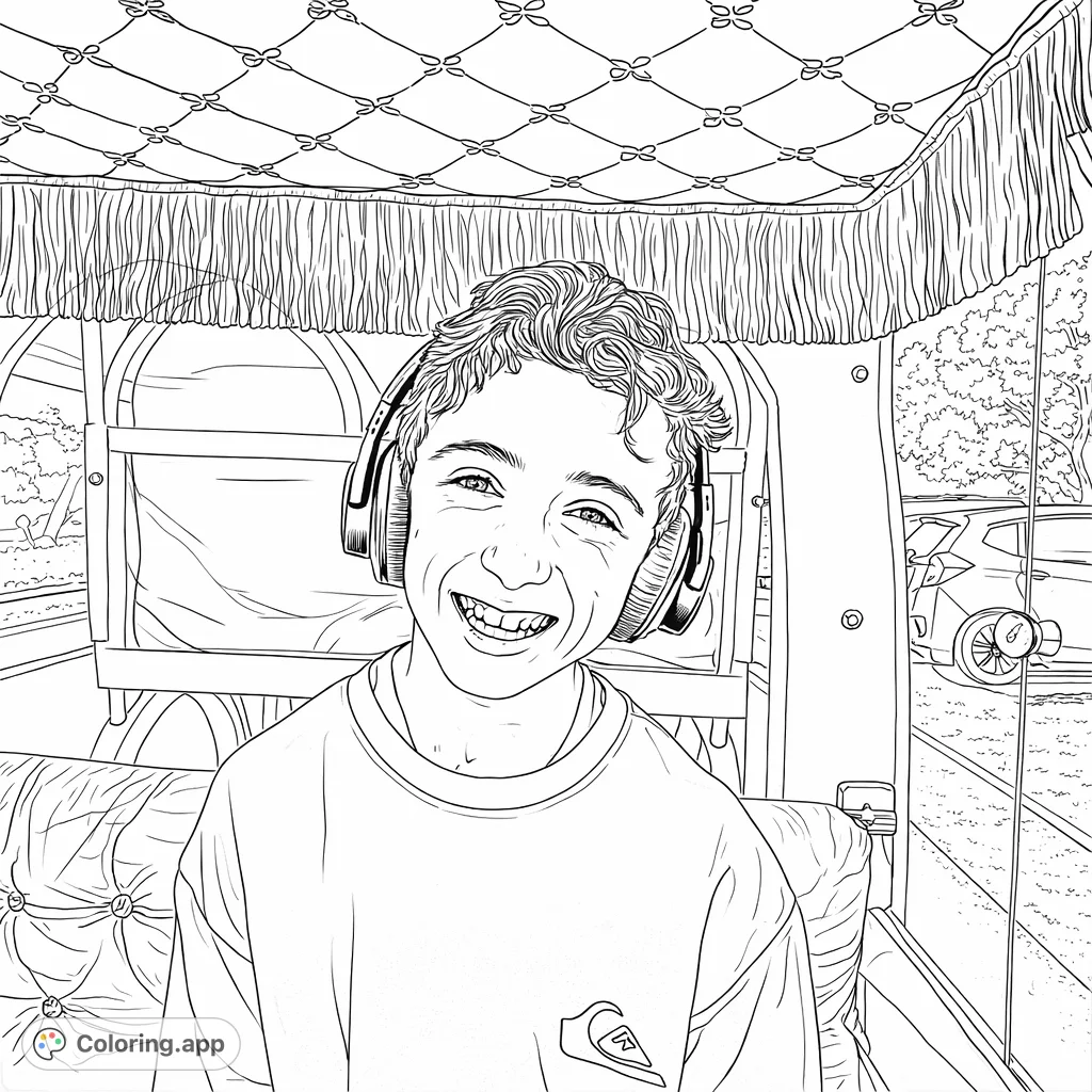 A delightful coloring page featuring a smiling person with headphones inside a decorative carriage, set against an outdoor scene. Perfect for creative expression.