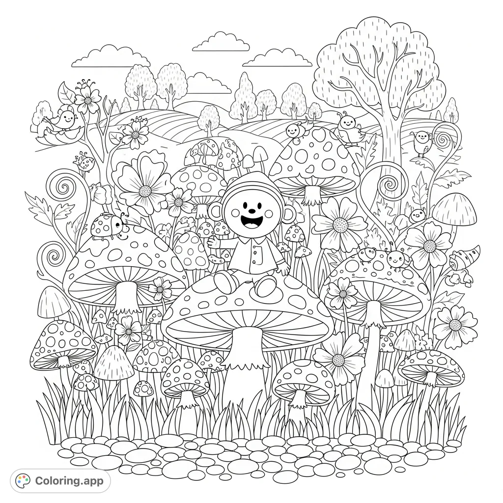 Dive into a delightful Bobbie Goods inspired coloring page featuring a charming character surrounded by intricate mushrooms, flowers, and tiny creatures.