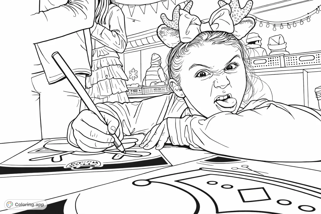 A cheerful child with festive reindeer antlers makes a funny face while coloring, celebrating creativity and holiday joy.