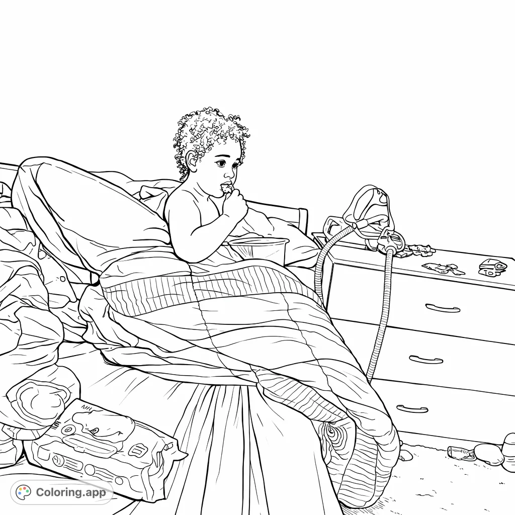 A young child enjoys a cozy snack in bed, surrounded by soft bedding and a bedside table with various items. A peaceful domestic scene for coloring.