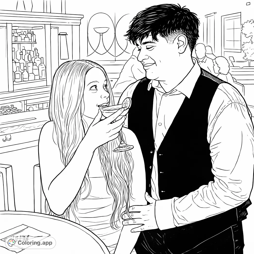 Capture a romantic evening with this couple coloring page. A woman with a drink and a smiling man share a moment at a sophisticated bar setting.