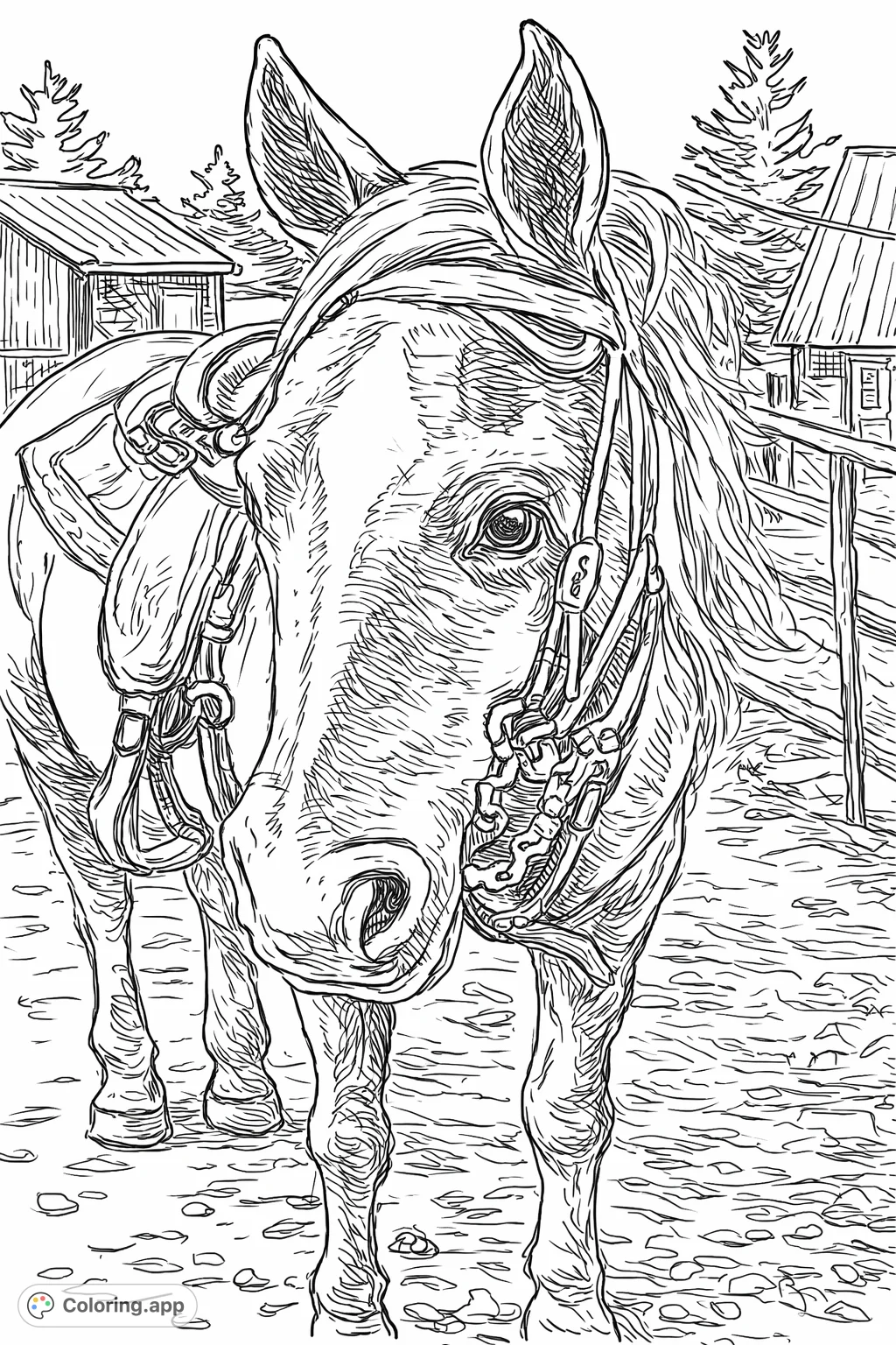 Color this charming horse portrait featuring a detailed bridle, saddle, and a rustic farm background. A delightful farm horse coloring page for all ages.
