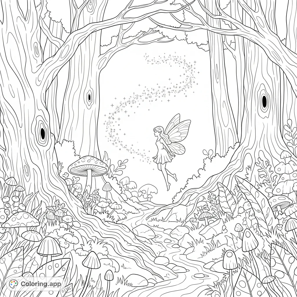 A whimsical fairy flits through an enchanted forest, leaving a trail of sparkling magic dust. Perfect for a fantasy coloring adventure!