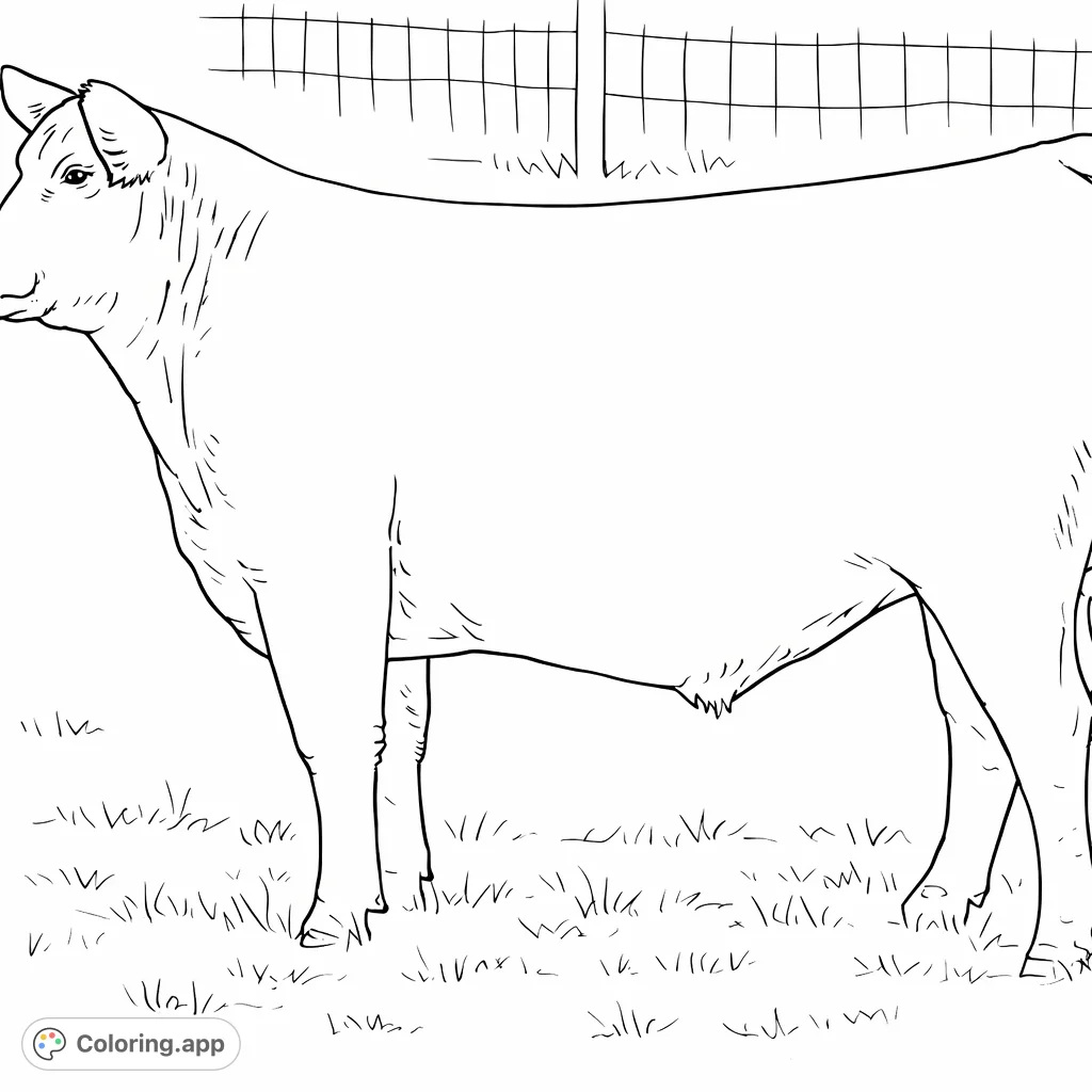 A robust cattle stands in a grassy field, showcasing its powerful form. This detailed animal coloring page is perfect for farm animal enthusiasts of all ages.